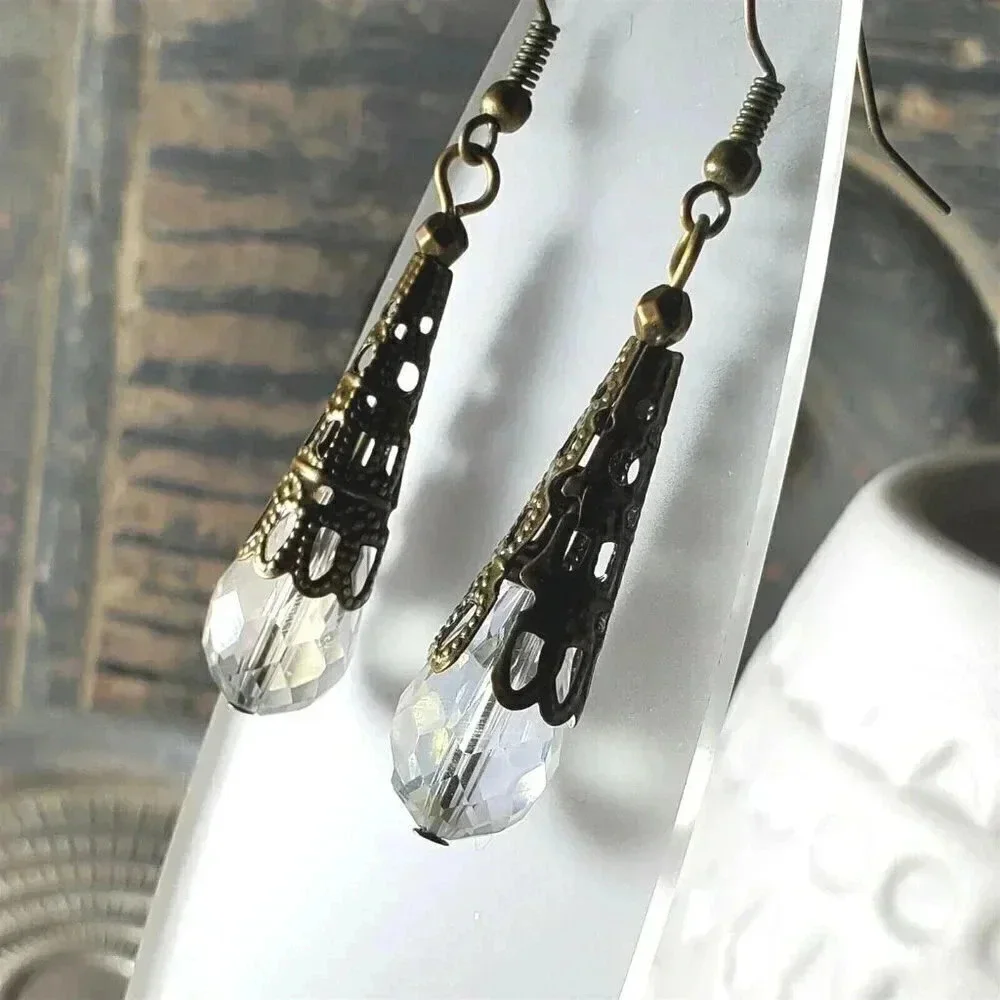 🔥POPUP SALE!🔥 Bronze Faceted Crystal Clear Luster Antiqued Filigree Earrings
